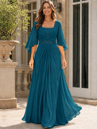 Elegant V-Neck Sequined Chiffon Mother of the Bride Dress with Flutter Sleeves