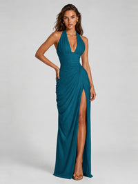 Ruched Halter Neck High-Slit Prom & Evening Dress