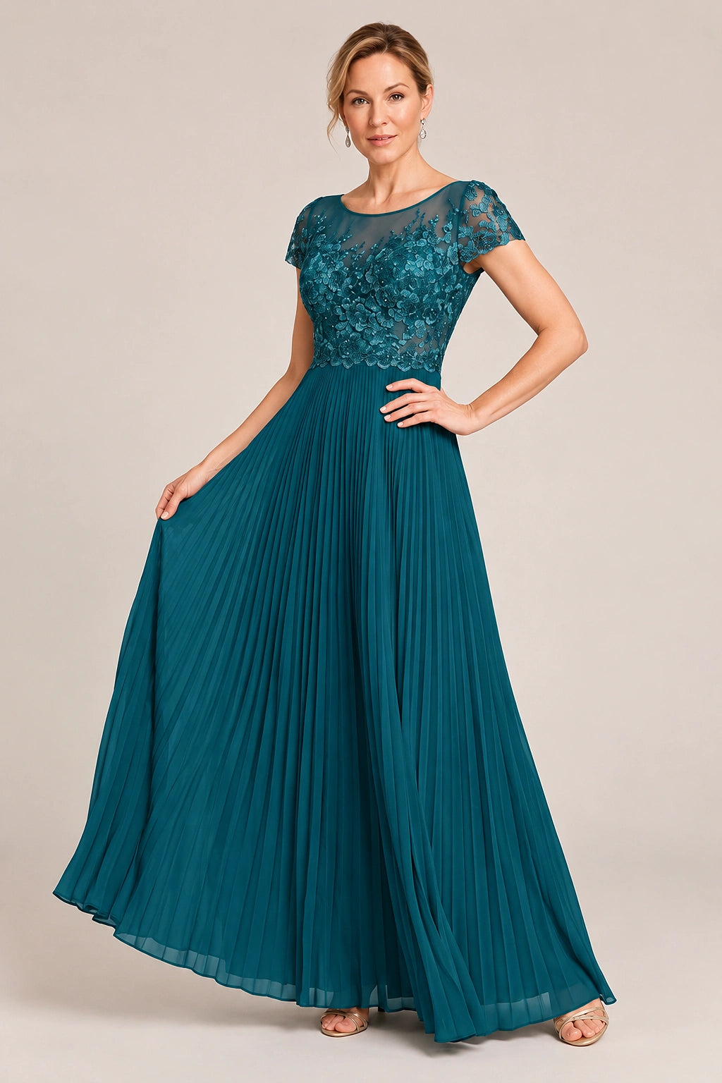 Embroidered Lace Pleated Mother of the Bride Dress