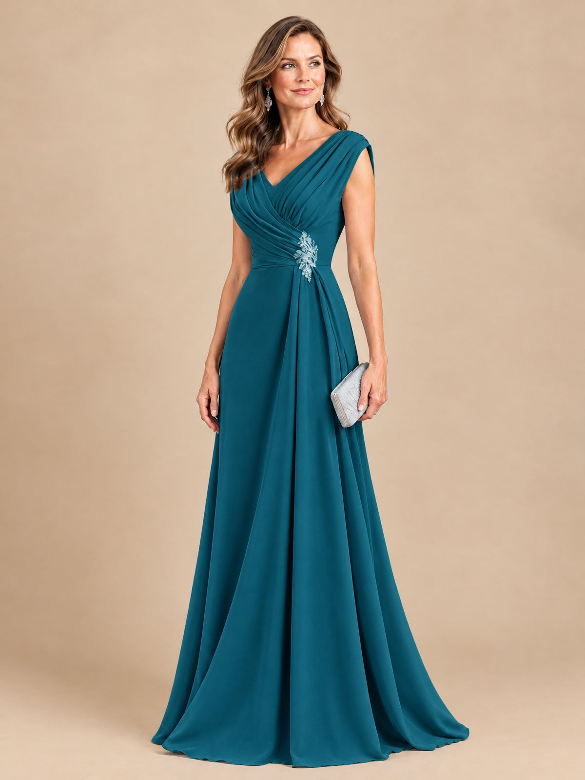 V Neck Pleated Mother of The Bride Dresses with Beading Cap Sleeves