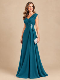 V Neck Pleated Mother of The Bride Dresses with Beading Cap Sleeves