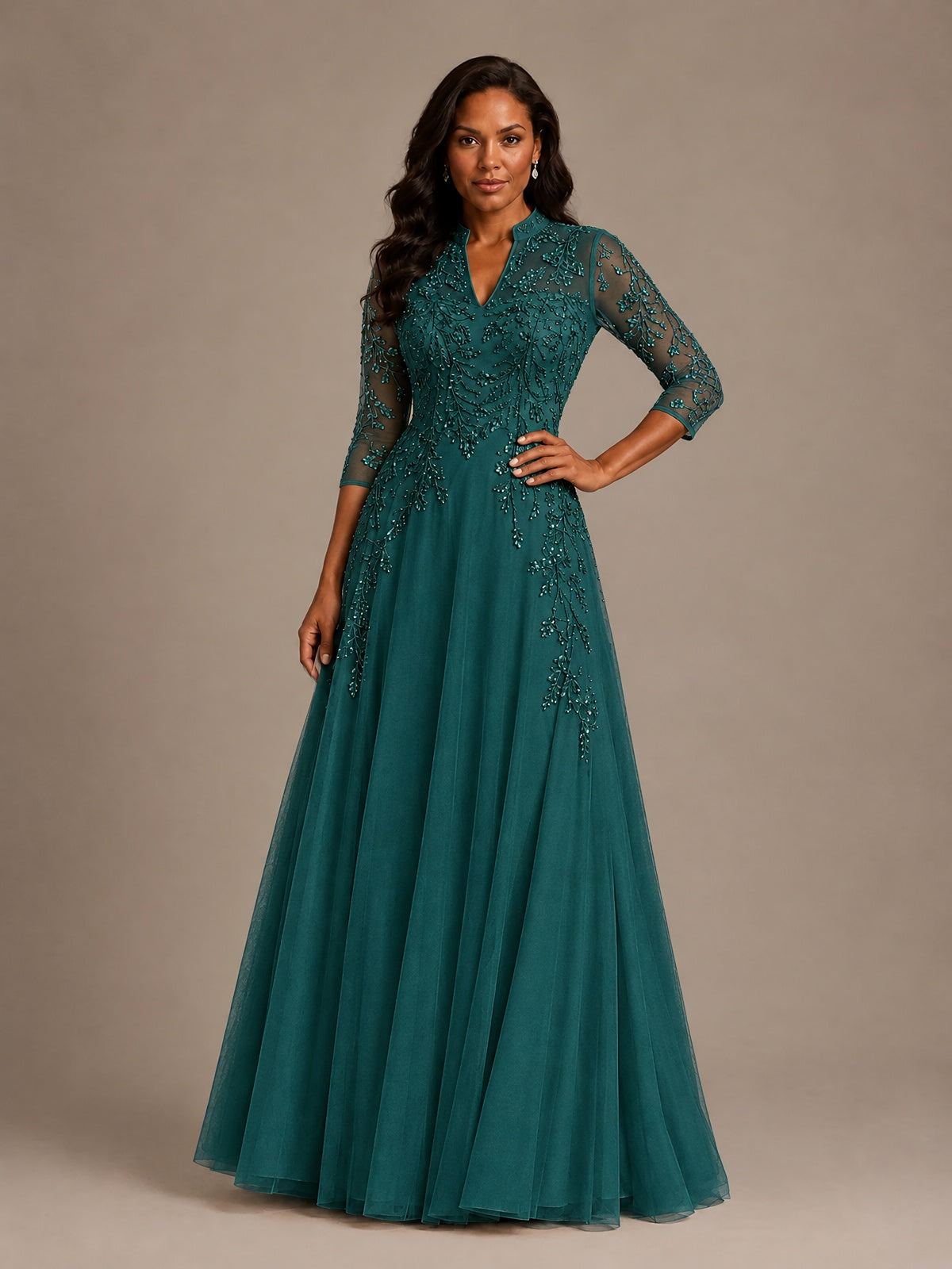 Embellished Appliques Mother of the Bride Dress with 3/4 Sleeves