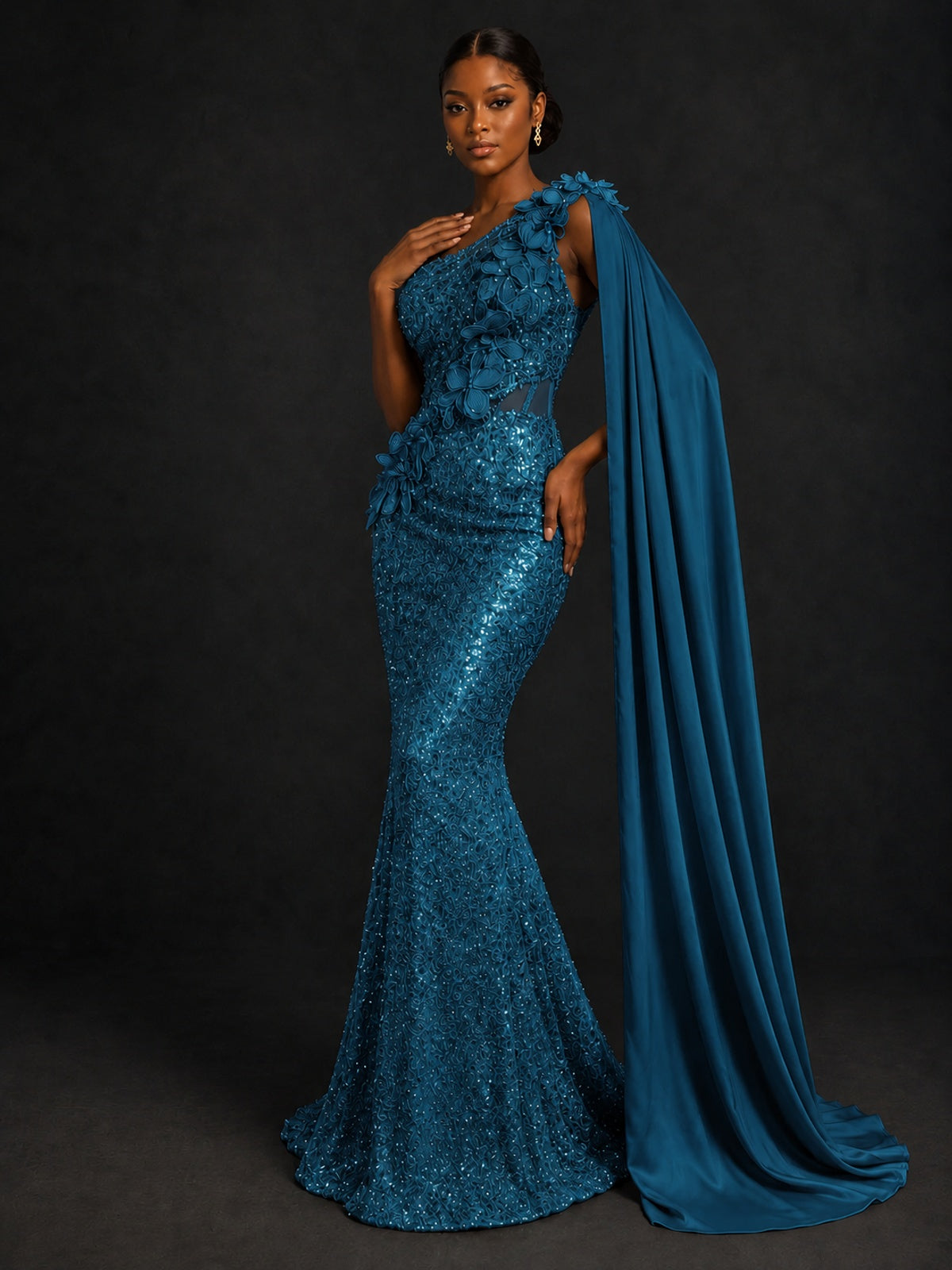 Gold Sequin One Shoulder Mermaid Prom Dress with Cape