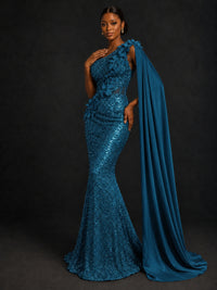 Gold Sequin One Shoulder Mermaid Prom Dress with Cape