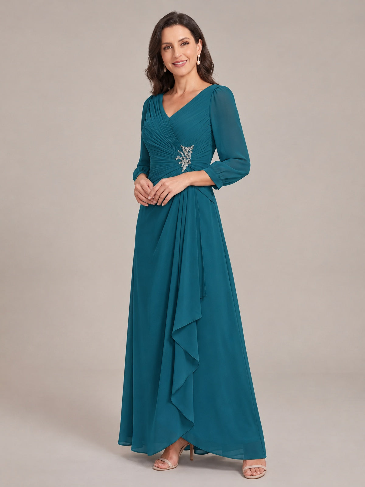 V-Neck Pleated Chiffon Mother of the Bride Dress with Flutter Sleeves