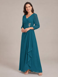 V-Neck Pleated Chiffon Mother of the Bride Dress with Flutter Sleeves