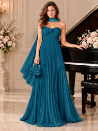 Sweetheart Neckline Pleated Prom Dress Strapless A-line Formal Dress with Flowy Scarf