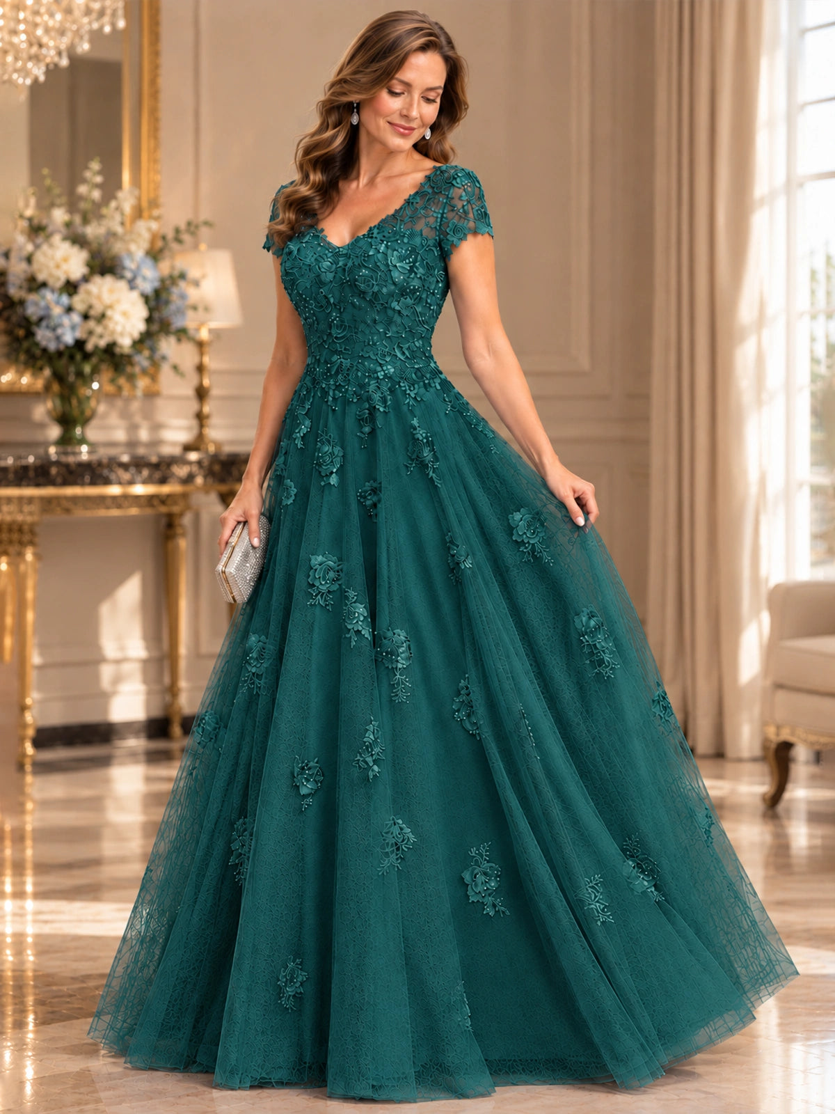 Lace Appliques A-line Mother of The Bride Dresses with Short Sleeves