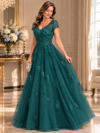 Lace Appliques A-line Mother of The Bride Dresses with Short Sleeves