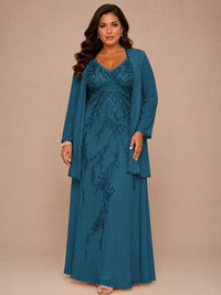 Champagne Beaded Chiffon Mother of the Bride Dress with Jacket V-Neck Gown