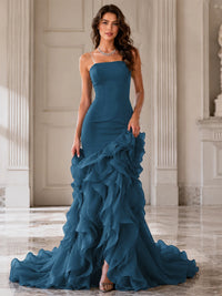 Mermaid Formal Evening Dress with Layered Ruffle Train