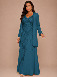 Champagne Beaded Chiffon Mother of the Bride Dress with Jacket V-Neck Gown
