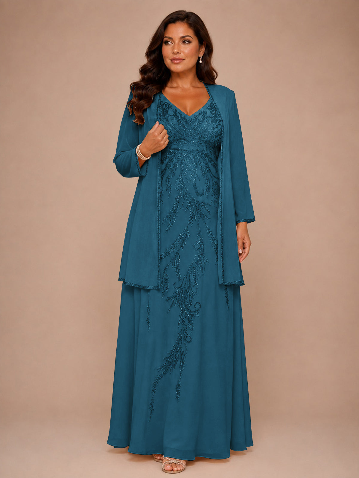 Champagne Beaded Chiffon Mother of the Bride Dress with Jacket V-Neck Gown