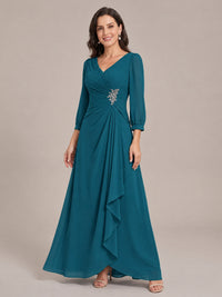 V-Neck Pleated Chiffon Mother of the Bride Dress with Flutter Sleeves