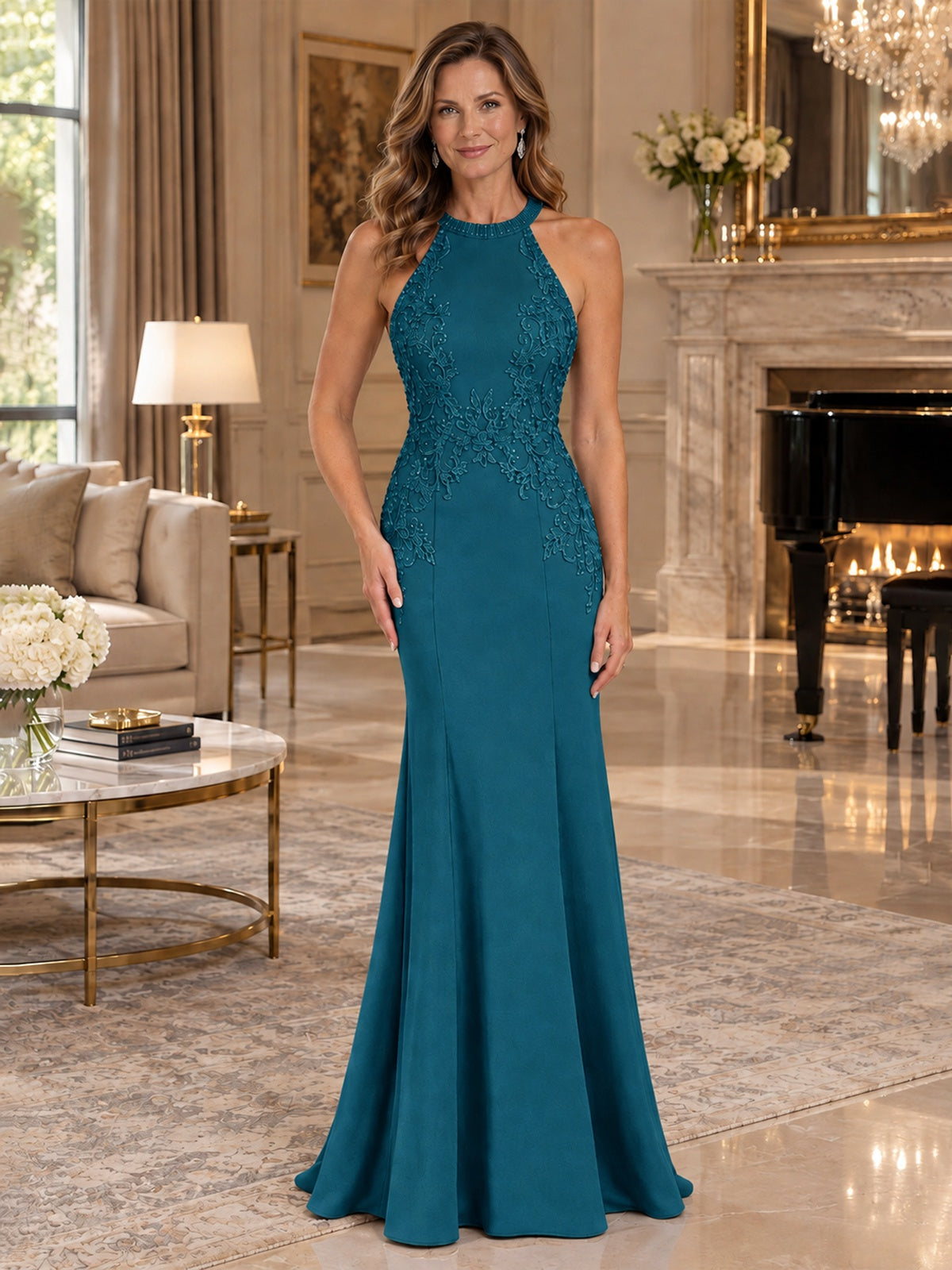 Halter Neckline Lace Appliques Mother of The Bride Dresses