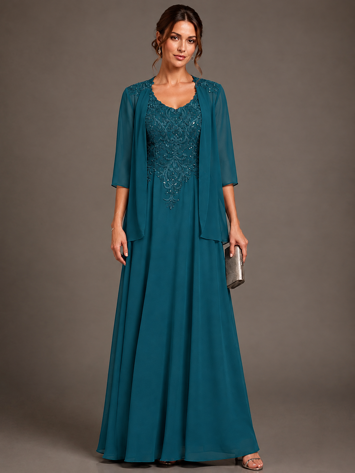 A-line 2 Pieces Chiffon Appliques Mother of The Bride Dresses with Jackets
