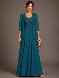 A-line 2 Pieces Chiffon Appliques Mother of The Bride Dresses with Jackets
