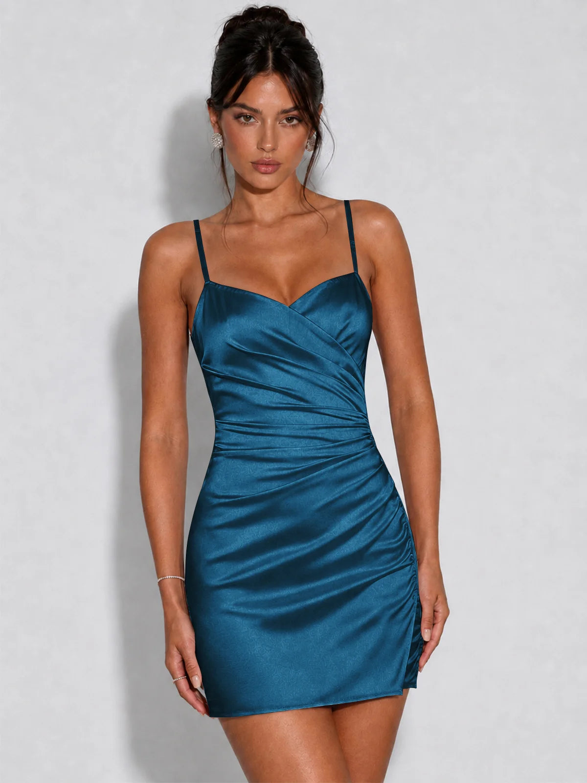 Satin Ruched Spaghetti Strap Homecoming Dress