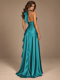 Burgundy Halter Deep V-Neck Ruched High Slit Ruffle Prom Dress