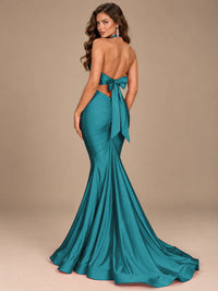 Pink Halter Deep V-Neck Ruched Mermaid Prom Dress