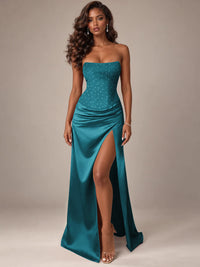 Burgundy Strapless Sparkly Corset Prom Dress with High Slit