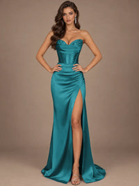 Dusty Blue Strapless Lace Corset Prom Dress with High Slit