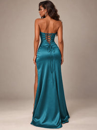 Burgundy Strapless Sparkly Corset Prom Dress with High Slit