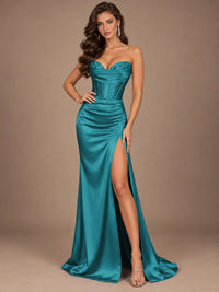 Dusty Blue Strapless Lace Corset Prom Dress with High Slit