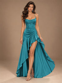 Burgundy Spaghetti Strap Ruched Prom Dress with Ruffled High Slit