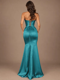 Dusty Blue Strapless Lace Corset Prom Dress with High Slit