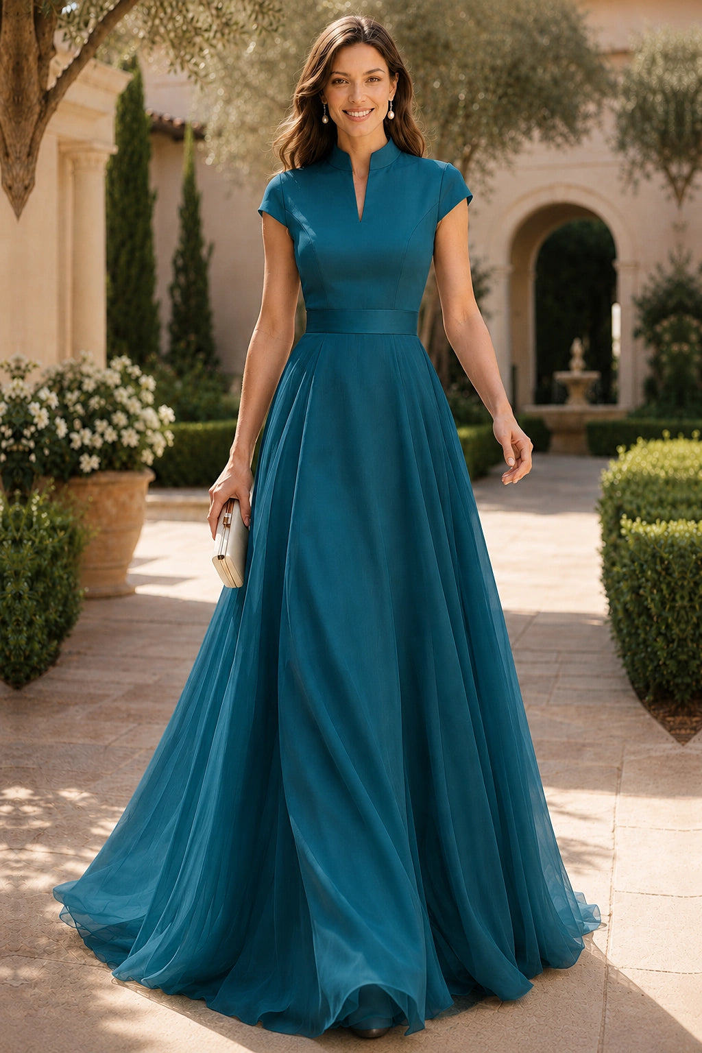 V Neck Cap Sleeve A-Line Floor-Length Satin Bridesmaid Dress