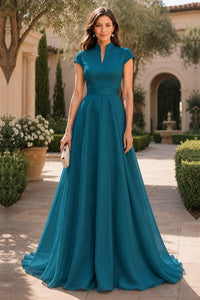 V Neck Cap Sleeve A-Line Floor-Length Satin Bridesmaid Dress