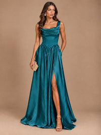 Cowl Neck Pleated Satin Prom Dress with Pockets & Slit Maxi Formal Gowns