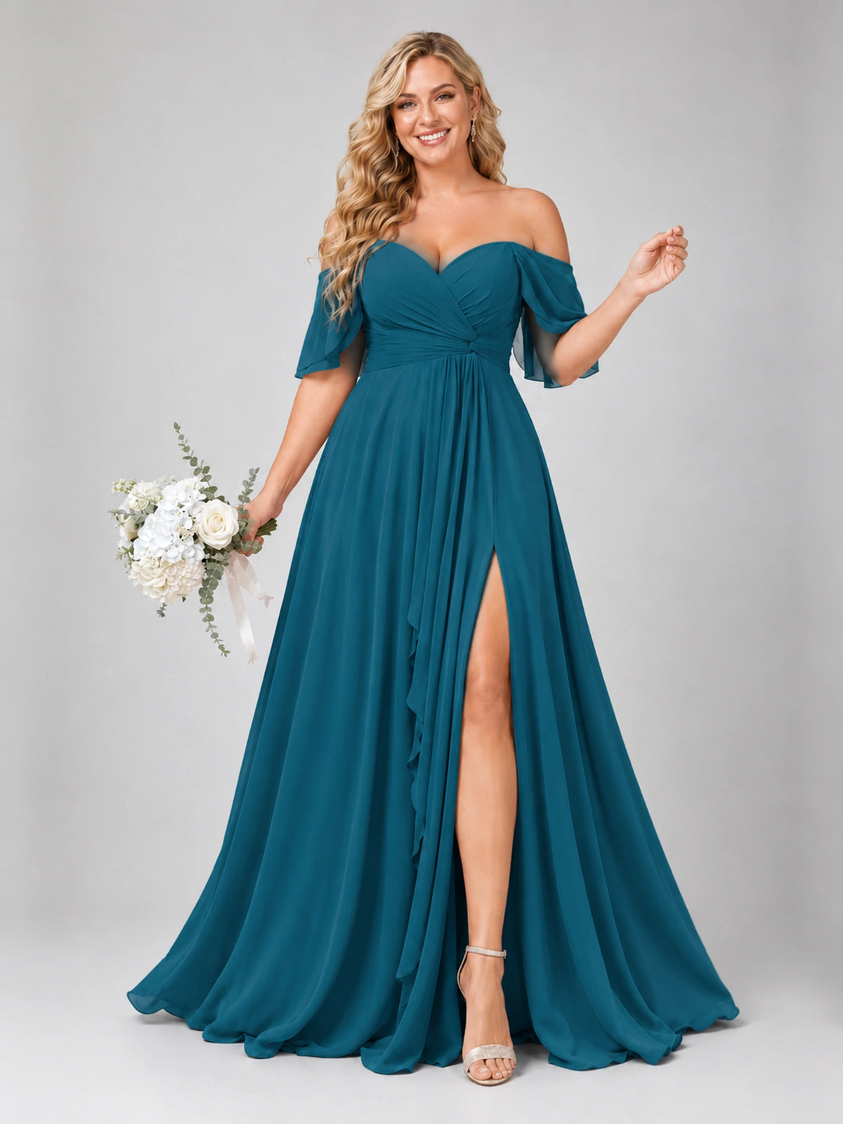 Off Shoulder Chiffon Bridesmaid Dress with Slit