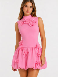 Pink 3D Floral Applique High Neck Bubble Hem Mini Dress