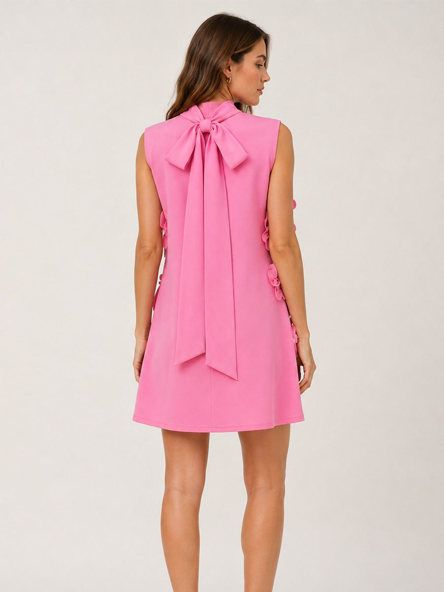 Pink 3D Floral Applique Sleeveless Mini Dress