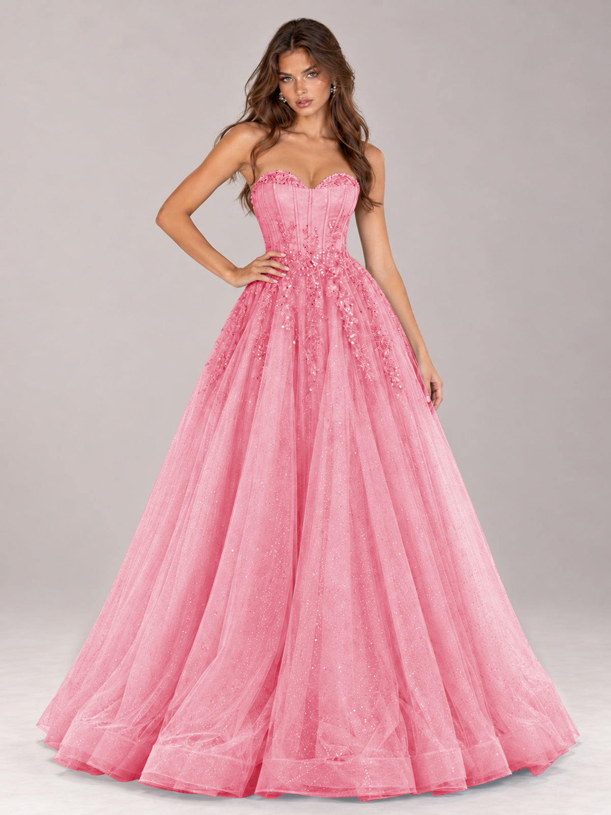 Strapless Sweetheart Beaded Corset Glitter Tulle Ball Gown Prom Dress