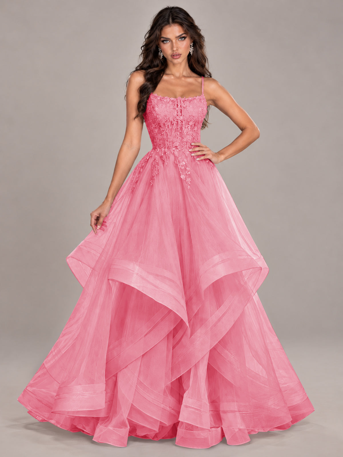 Lace Corset Ball Gown Prom Dress with Cascading Tulle Ruffles