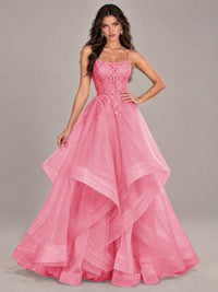 Lace Corset Ball Gown Prom Dress with Cascading Tulle Ruffles