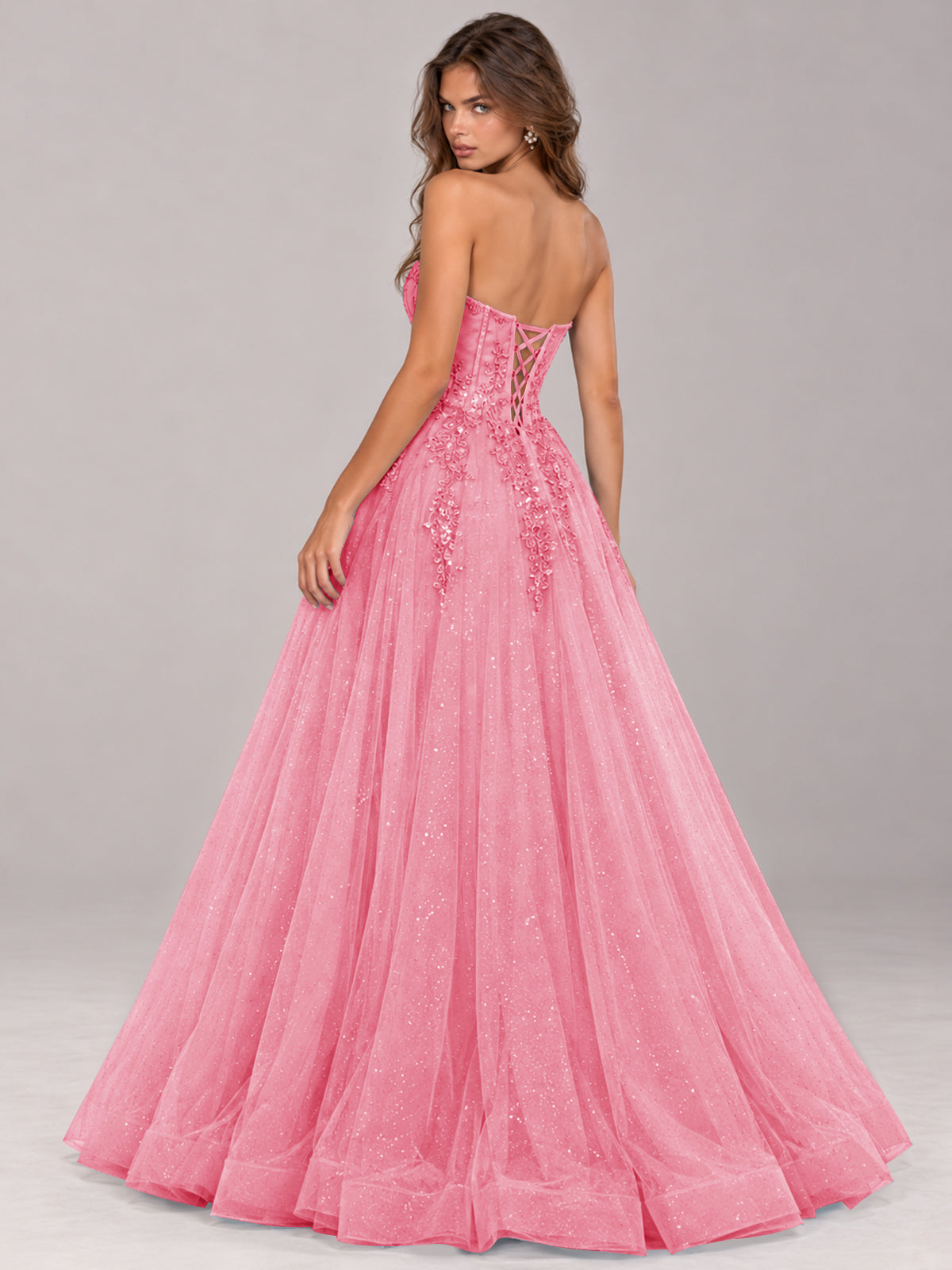 Strapless Sweetheart Beaded Corset Glitter Tulle Ball Gown Prom Dress