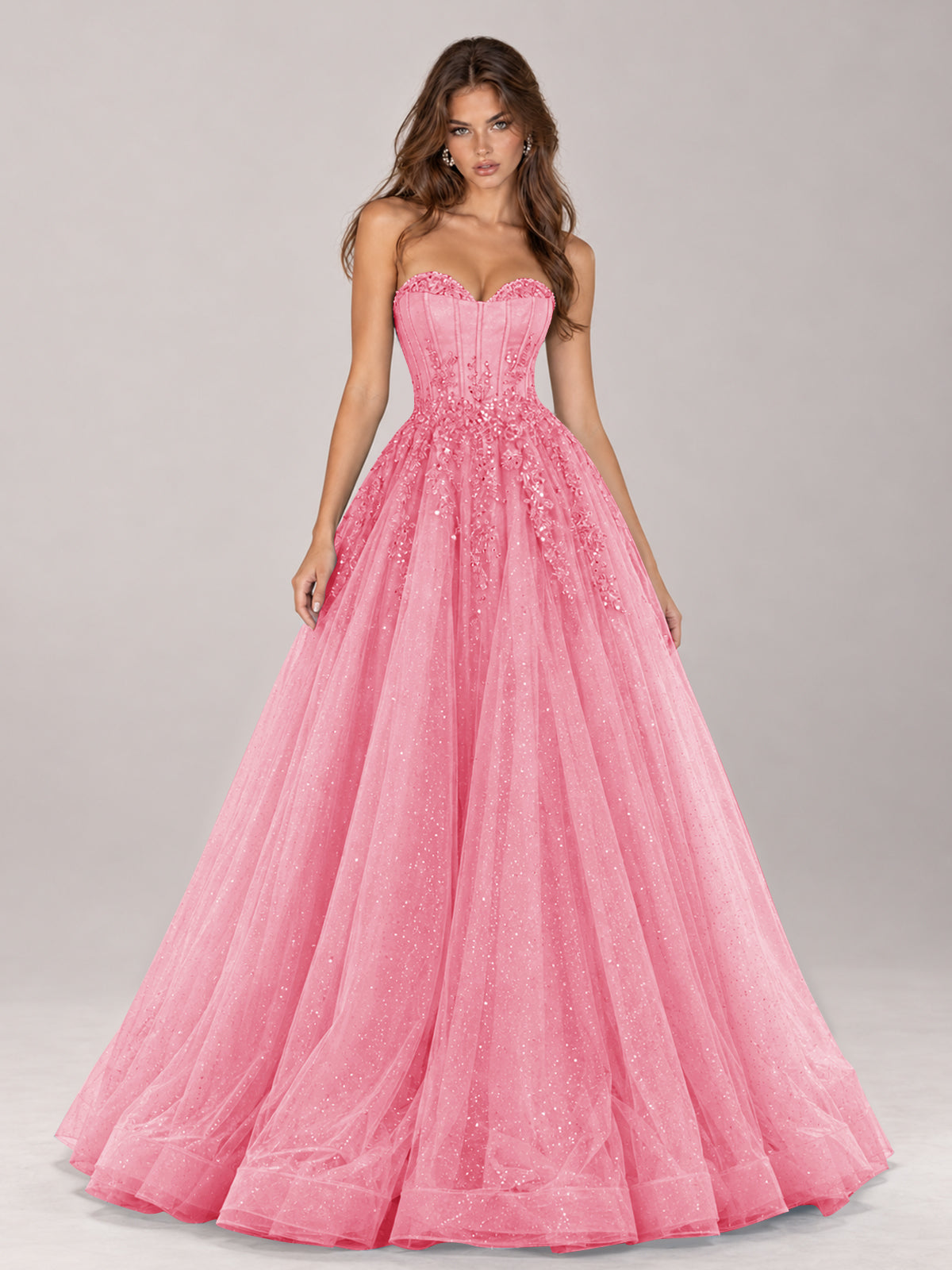 Strapless Sweetheart Beaded Corset Glitter Tulle Ball Gown Prom Dress