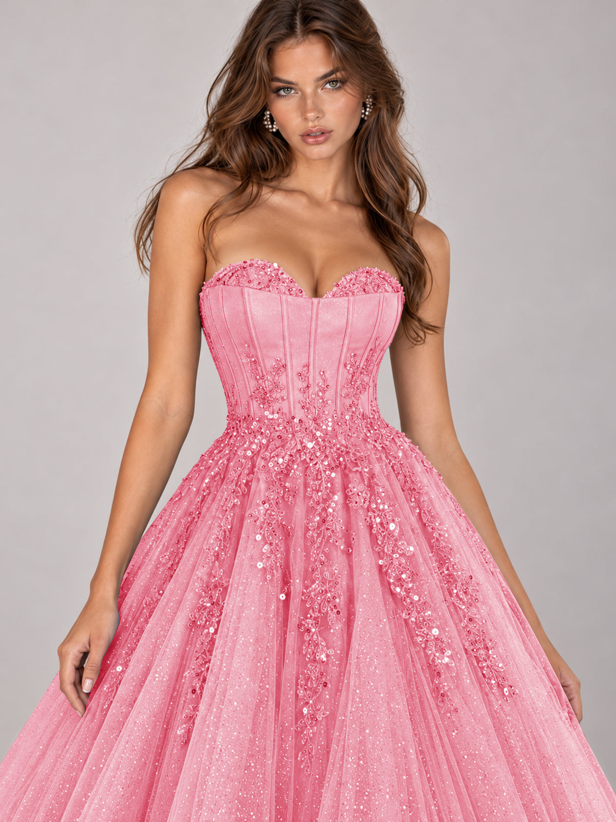 Strapless Sweetheart Beaded Corset Glitter Tulle Ball Gown Prom Dress