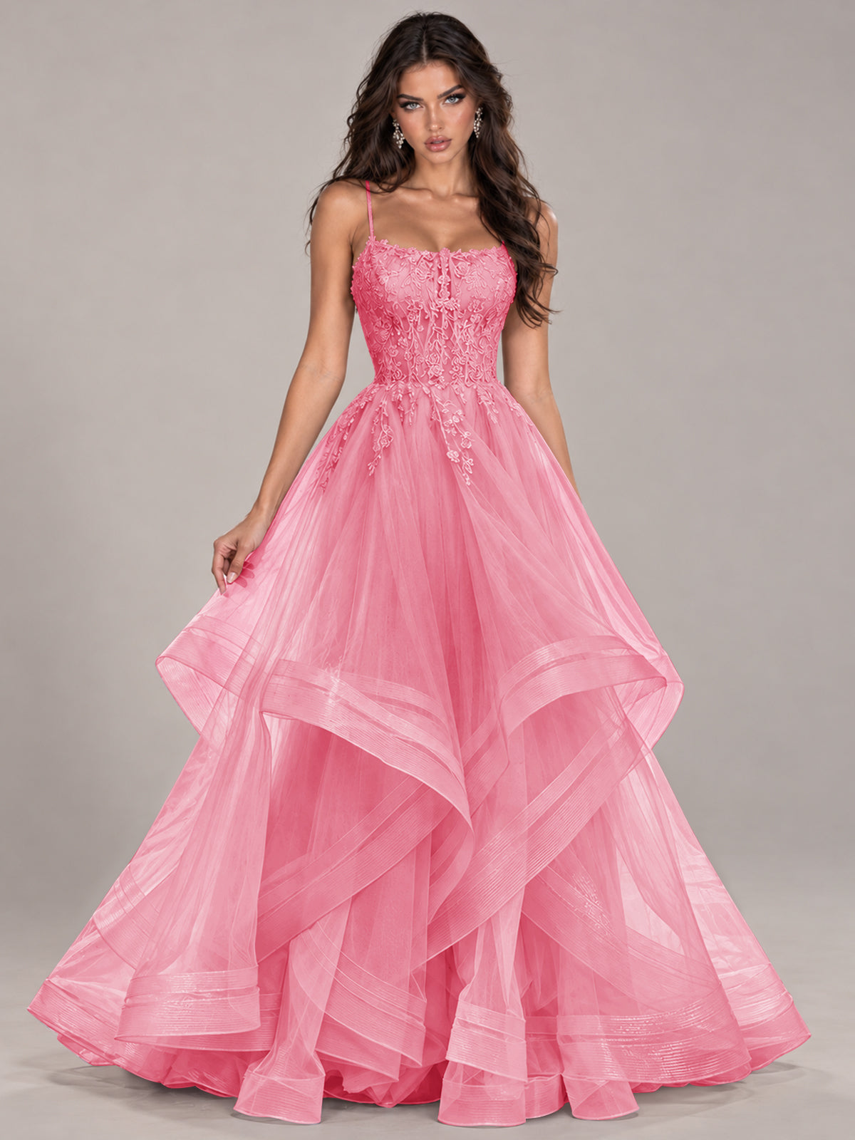 Lace Corset Ball Gown Prom Dress with Cascading Tulle Ruffles