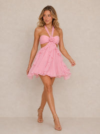 Pink Chiffon Rosette Halter Cutout Homecoming Mini Dress
