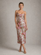 Pink Floral Jacquard Midi Dress with Spaghetti Straps
