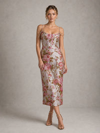 Pink Floral Jacquard Midi Dress with Spaghetti Straps