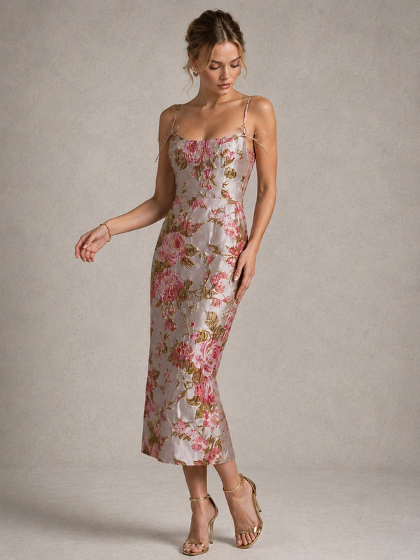 Pink Floral Jacquard Midi Dress with Spaghetti Straps
