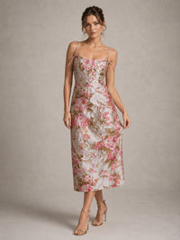 Pink Floral Jacquard Midi Dress with Spaghetti Straps