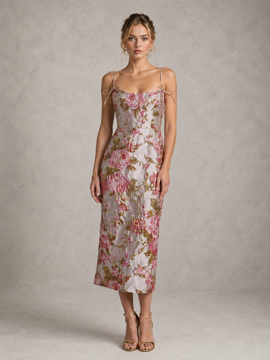 Pink Floral Jacquard Midi Dress with Spaghetti Straps