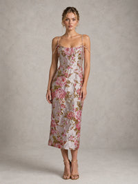 Pink Floral Jacquard Midi Dress with Spaghetti Straps